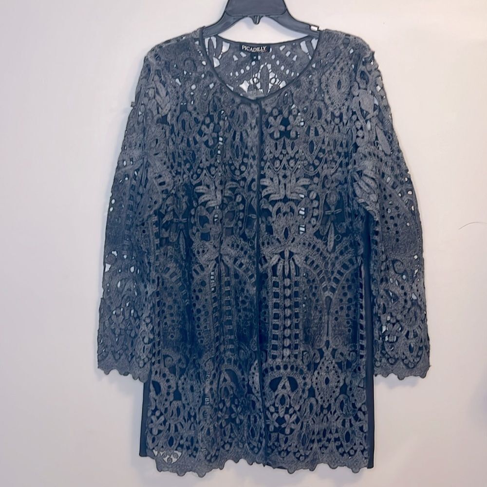 Picadilly Canada Size M Laser Cut Design Charcoal Gray Long Sleeve Blazer Jacket